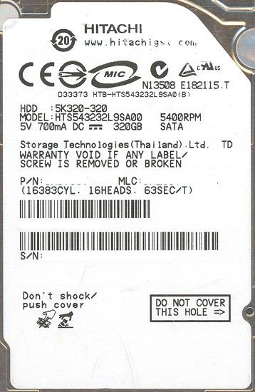 HITACHI ノート用HDD 2.5inch HTS543232L9SA00 320GB