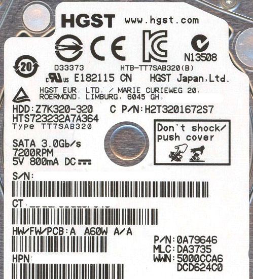 HITACHI ノート用HDD　HTS723232A7A364　320GB 7mm