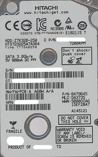 HITACHI ノート用HDD HTS723225A7A364 250GB 7mm 7200rpm