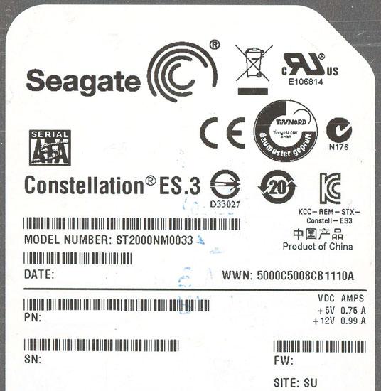 SEAGATE製HDD　ST2000NM0033　2TB SATA600 7200