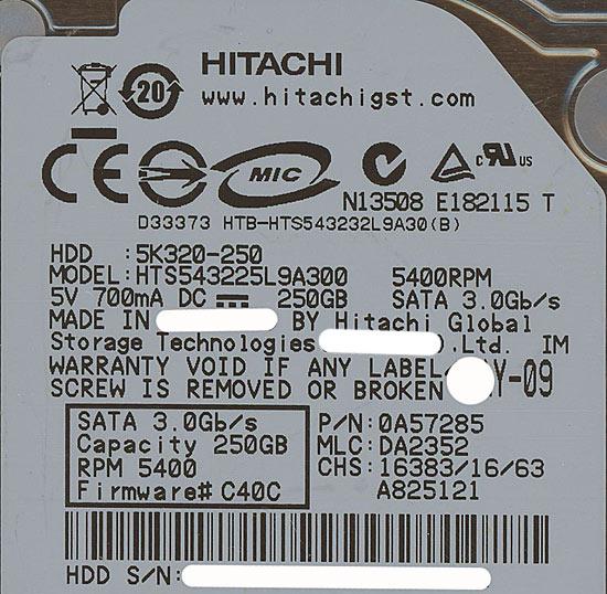 HITACHI ノート用HDD 2.5inch HTS543225L9A300 250GB