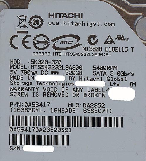 HITACHI ノート用HDD 2.5inch HTS543232L9A300 320GB