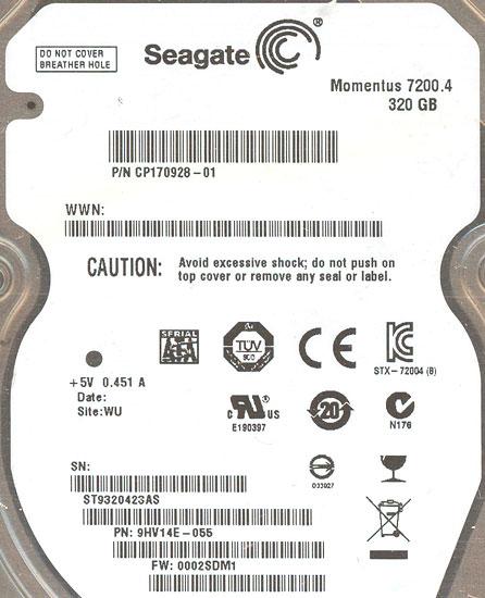 SEAGATEノート用HDD 2.5inch　ST9320423AS　320GB 9.5mm