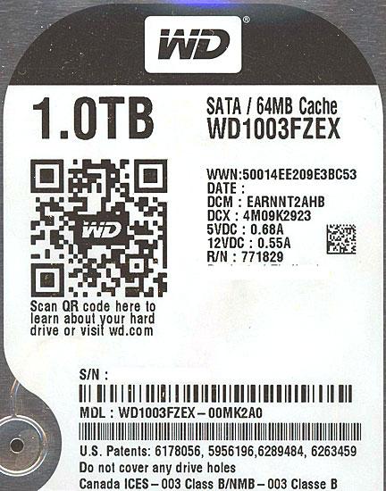 Western Digital製HDD　WD1003FZEX　1TB SATA600 7200