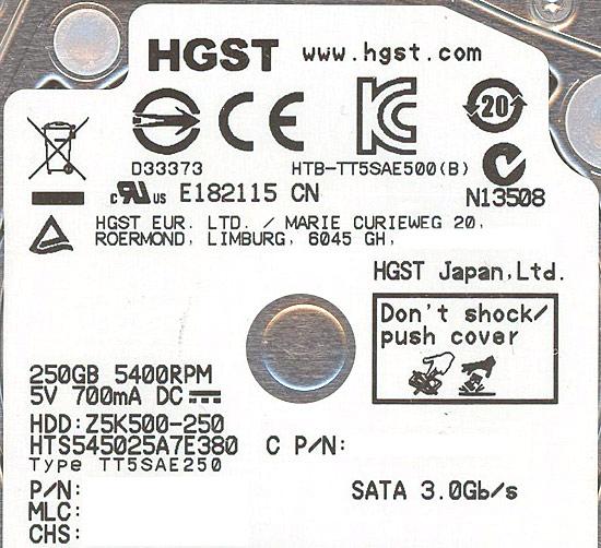 HGST製HDD 2.5inch　HTS545025A7E380　250GB 7mm
