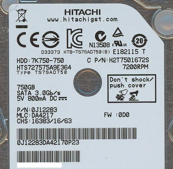 HITACHI ノート用HDD　HTS727575A9E364　750GB 9.5mm