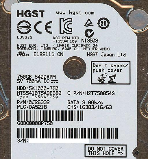 HITACHI ノート用HDD 2.5inch　HTS541075A9E680　750GB 9.5mm
