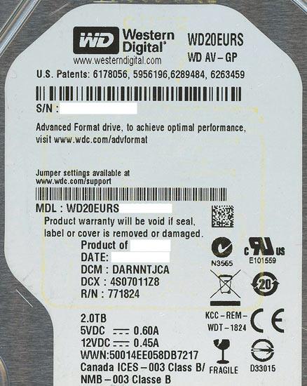 Western Digital製HDD　WD20EURS　2TB SATA300