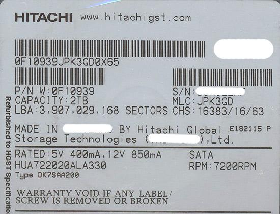 HITACHI製HDD　HUA722020ALA330　2.0TB SATA300 7200rpm