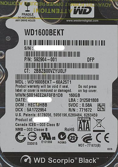 WesternDigital HDD 2.5inch　WD1600BEKT　160GB 9.5mm