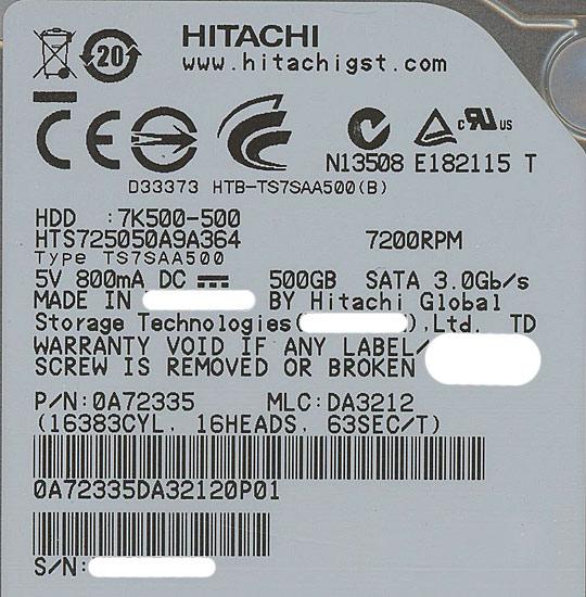 HITACHI ノート用HDD HTS725050A9A364 500GB 7200rpm