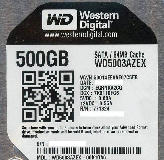 Western Digital製HDD　WD5003AZEX　500GB SATA600 7200