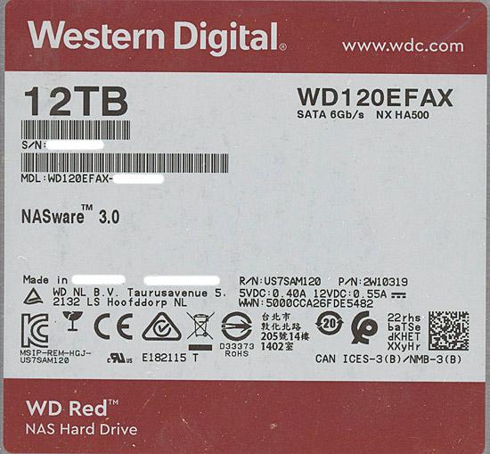 Western Digital製HDD　WD120EFAX　12TB SATA600 5400