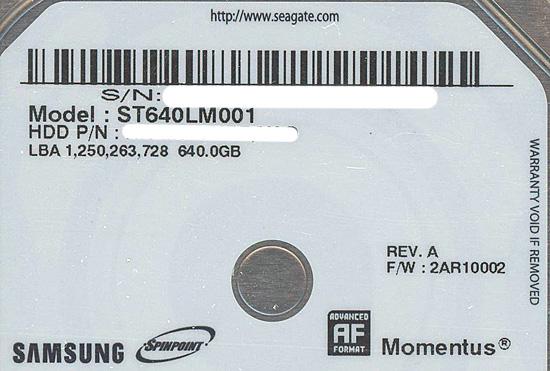 Samsung ノート用HDD 2.5inch　ST640LM001　640GB 9.5mm