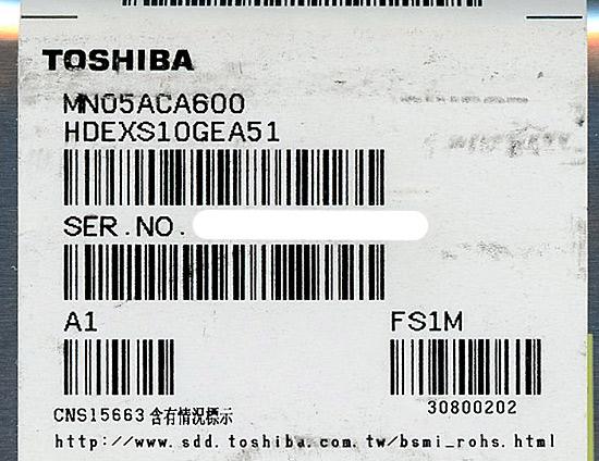 TOSHIBA製HDD　MN05ACA600　6TB SATA600 7200
