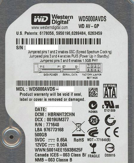 Western Digital製HDD　WD5000AVDS　500GB SATA300