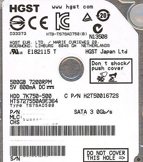 HITACHI ノート用HDD HTS727550A9E364 500GB 7200rpm