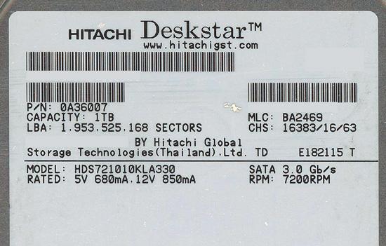 HITACHI製HDD　HDS721010KLA330　1.0TB SATA300 7200rpm