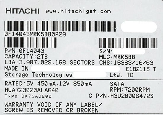 HITACHI製HDD　HUA723020ALA640　2TB SATA600 7200