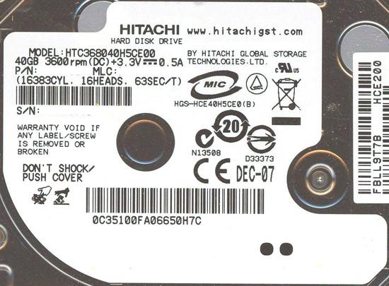 HITACHI ノート用HDD 1.8inch　HTC368040H5CE00　40GB 5mm