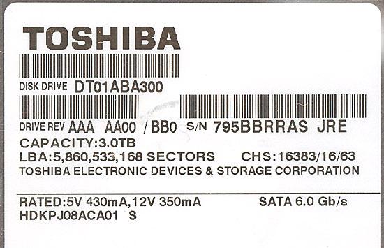 TOSHIBA製HDD　DT01ABA300　3TB SATA600 5940