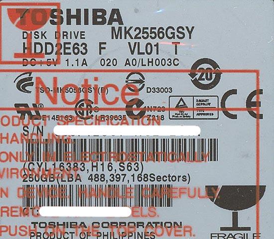 TOSHIBA(東芝) ノート用HDD 2.5inch　MK2556GSY　250GB