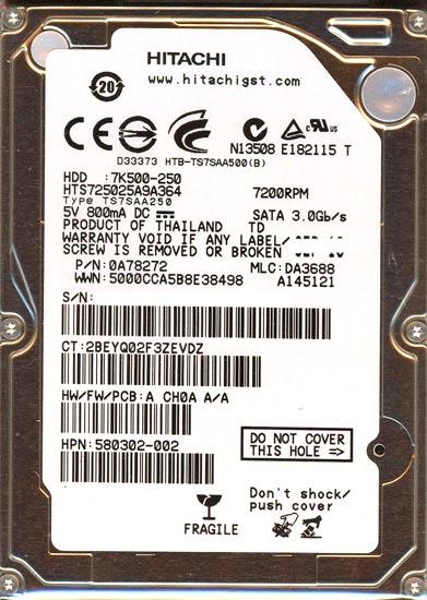 HITACHI ノート用HDD　HTS725025A9A364　250GB 9.5mm