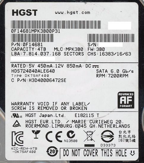 HITACHI製HDD　HDS724040ALE640　4TB SATA600 7200