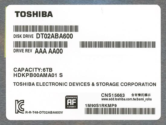 TOSHIBA製HDD　DT02ABA600　6TB SATA600 5400