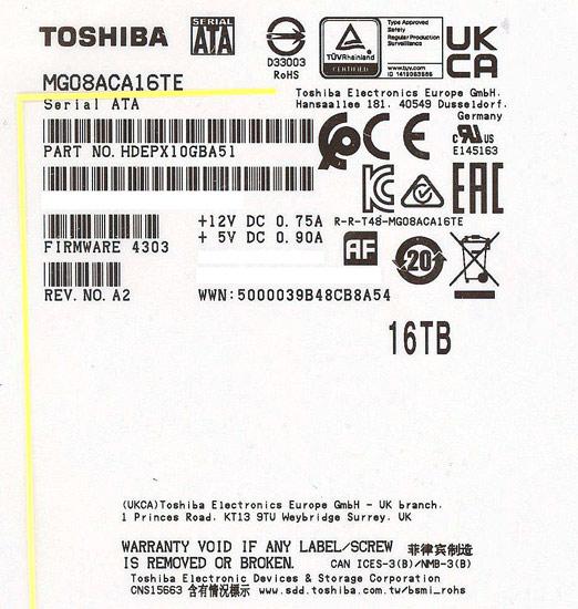 TOSHIBA製HDD　MG08ACA16TE　16TB SATA600 7200