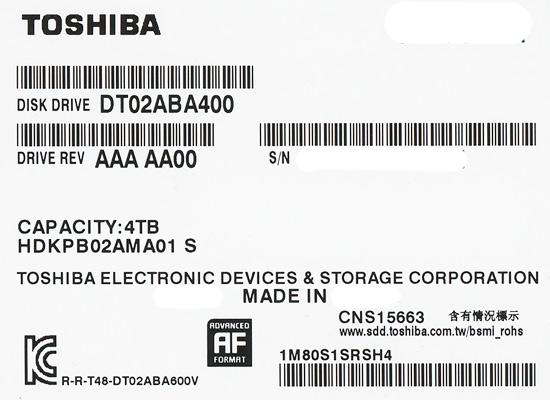 TOSHIBA製HDD　DT02ABA400　4TB SATA600 5400