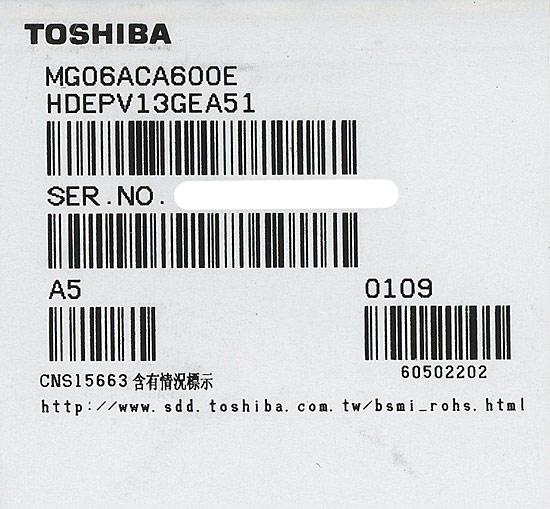 TOSHIBA製HDD　MG06ACA600E　6TB SATA600 7200