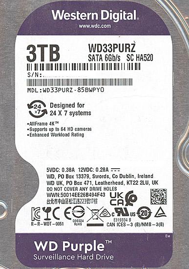 Western Digital製HDD　WD33PURZ　3TB SATA600