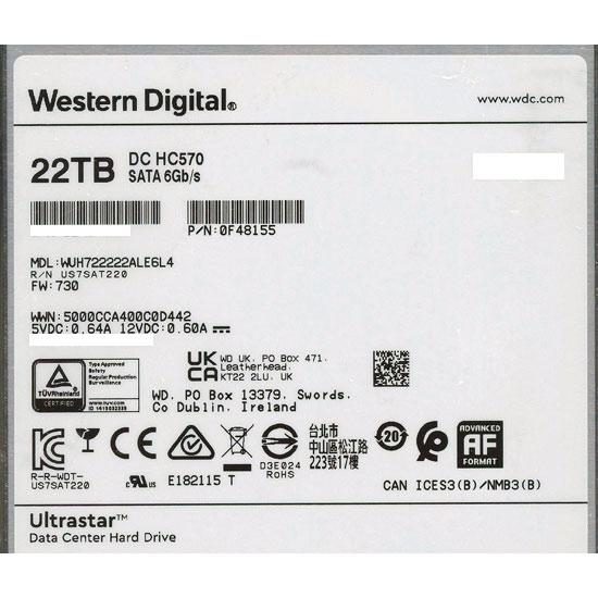 Western Digital製HDD　WUH722222ALE6L4　22TB SATA600 7200