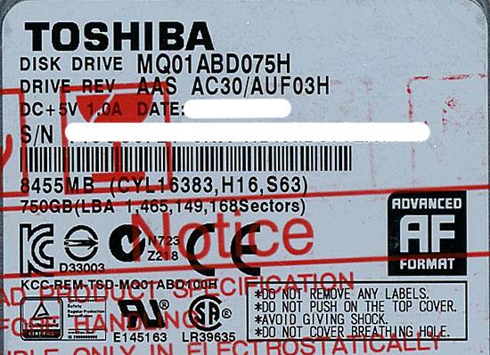 TOSHIBA(東芝) ノート用HDD 2.5inch　MQ01ABD075H　750GB