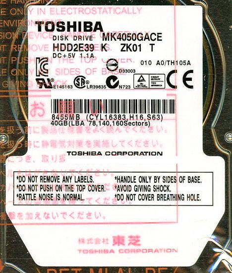 TOSHIBA(東芝) ノート用HDD 2.5inch　MK4050GACE　40GB 9.5mm