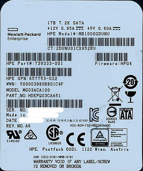 TOSHIBA製HDD　MG03ACA100　1TB SATA600 7200