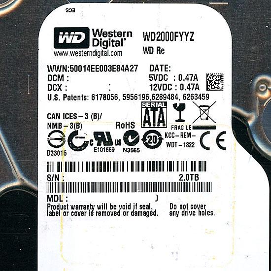 Western Digital製HDD　WD2000FYYZ　2TB SATA600 7200