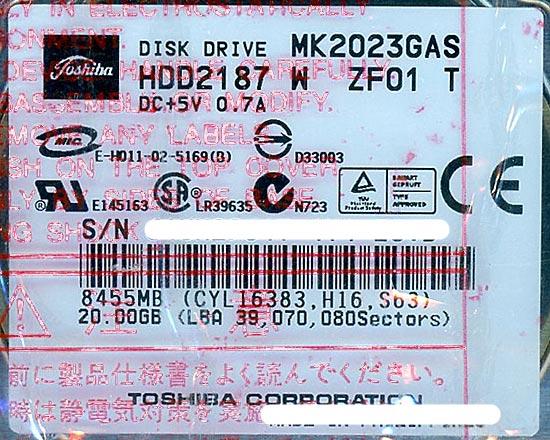 TOSHIBA製HDD　MK2023GAS ATA100 20G 9.5mm