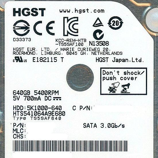 HITACHI ノート用HDD 2.5inch　HTS541064A9E680　640GB 9.5mm