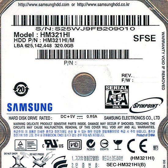 Samsung製 ノート用HDD 2.5inch　HM321HI　320GB 9.5mm