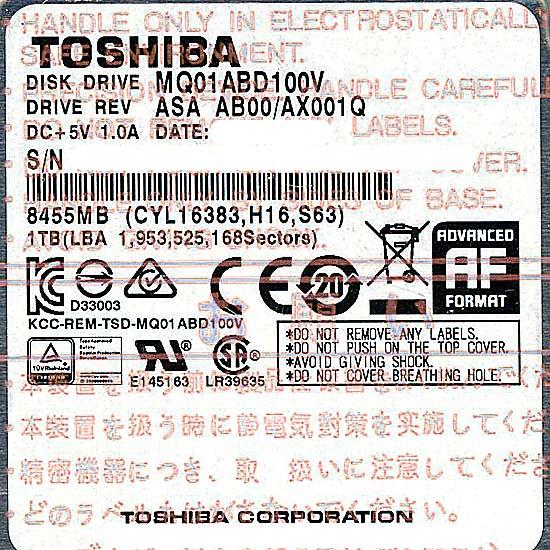 TOSHIBA(東芝) ノート用HDD 2.5inch　MQ01ABD100V　1TB 9.5mm