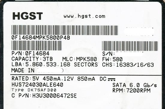 HITACHI HDD　HUS724030ALE640　3TB SATA600 7200