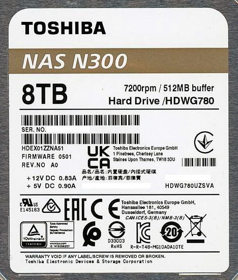 TOSHIBA　NAS向け 内蔵HDD HDWG780UZSVA　8TB SATA600 7200