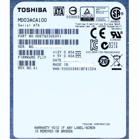 TOSHIBA HDD　MD03ACA100　1TB SATA600 7200