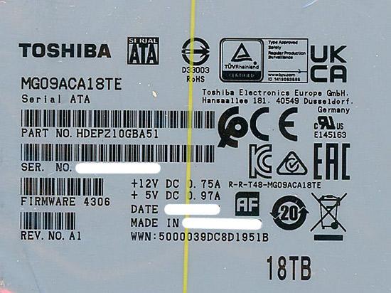 TOSHIBA HDD　MG09ACA18TE　18TB SATA600 7200