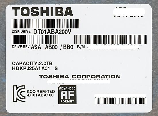 TOSHIBA製HDD　DT01ABA200V　2TB SATA600 5700