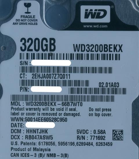 Western Digital製HDD　WD3200BEKX　320GB SATA600 7200