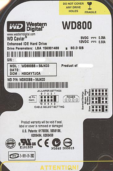 Western Digital製HDD　WD800BB　80GB U100 7200