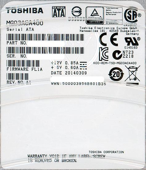 TOSHIBA製HDD　MG03ACA400　4TB SATA600 7200